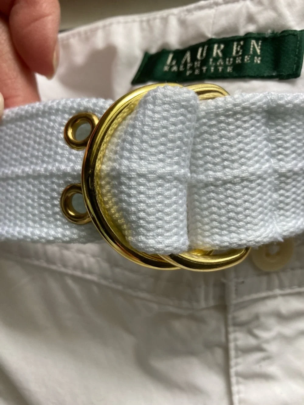 Lauren Ralph Lauren White Cotton Belted Crop Pants with Gold D-Ring - Picture 6 of 11